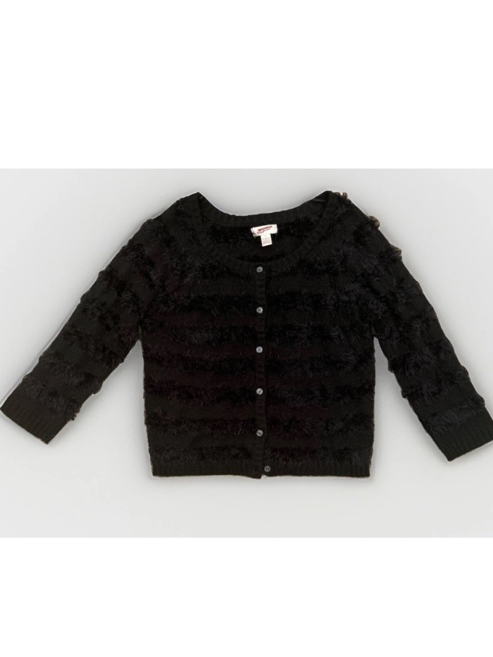 (L) ARIZONA JEAN CO. Black button-down sweater with faux stripes.